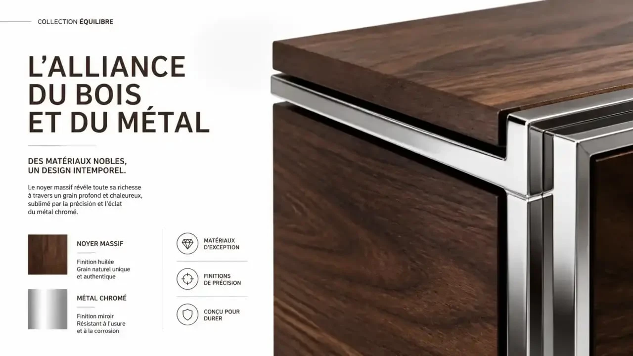 Mélange de matières pour un meuble tendance 2025 : bois de noyer et chrome.