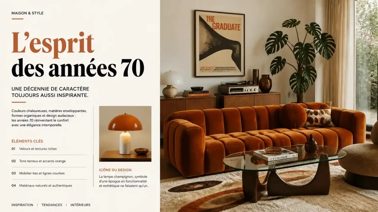Style vintage seventies pour un meuble tendance 2025 en velours.