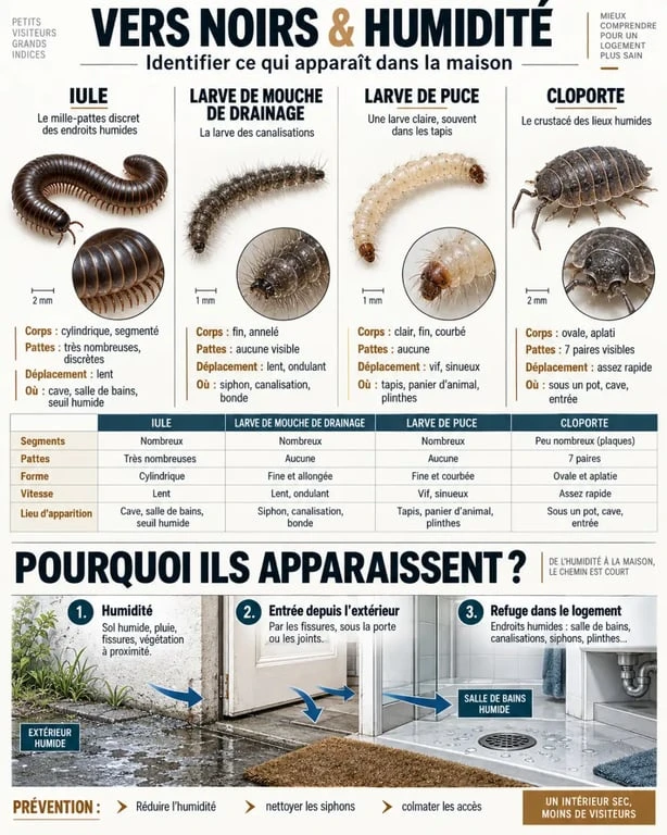 Infographie pour identifier les vers noirs humidité : iule, larve de mouche, larve de puce et cloporte
