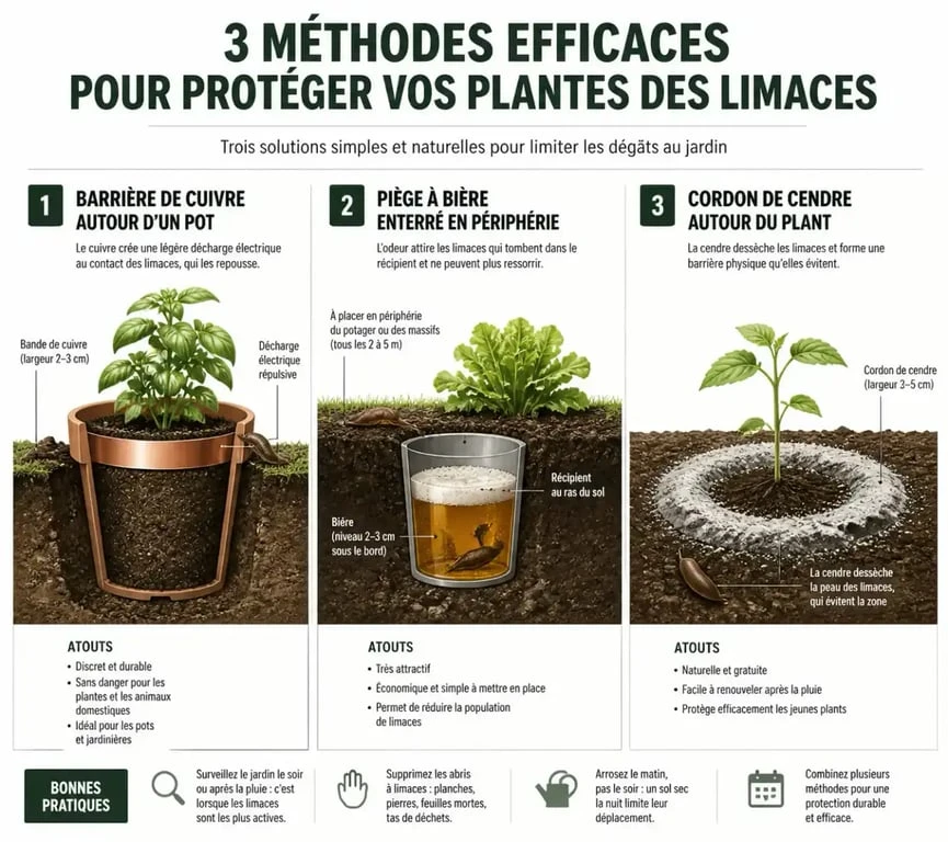 Schéma des méthodes de répulsif naturel contre les limaces au potager