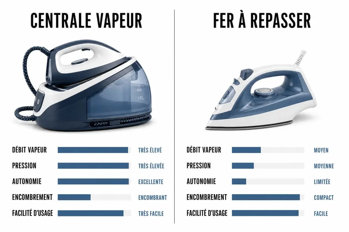 Différence centrale vapeur fer à repasser : comparaison visuelle des performances, de l’autonomie et de l’encombrement