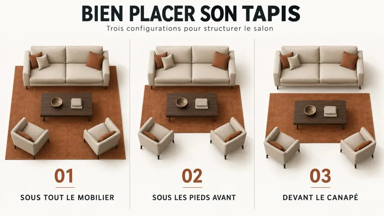 Infographie des trois positions d’un tapis dans salon par rapport au canapé et à la table basse