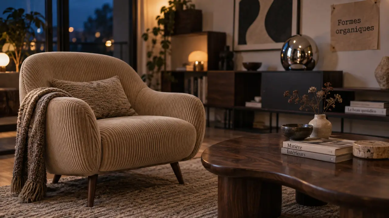 Meuble tendance 2025 : fauteuil en velours côtelé, table basse forme haricot, design seventies