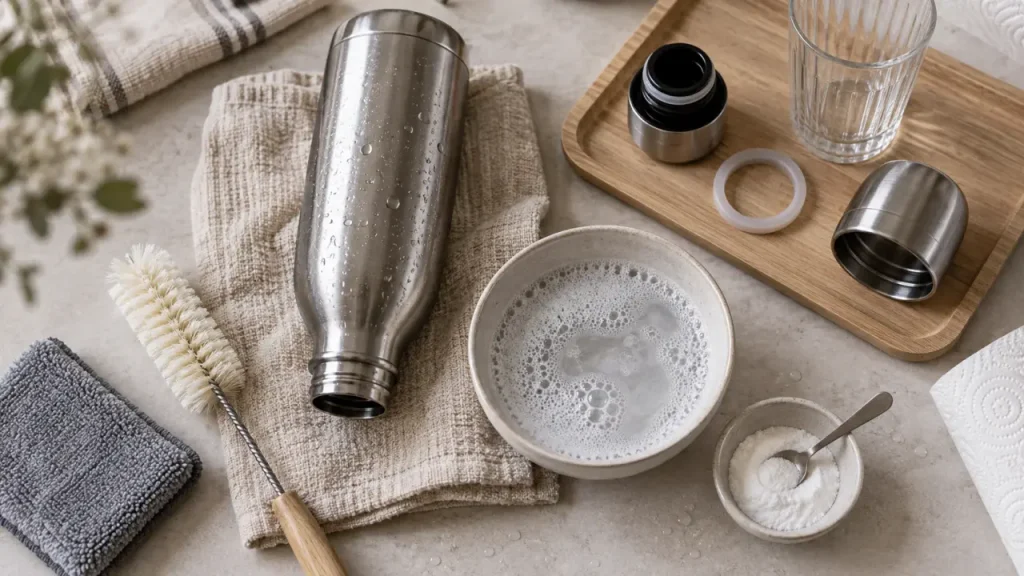 Nettoyer une gourde inox : le séchage ouvert évite les mauvaises odeurs