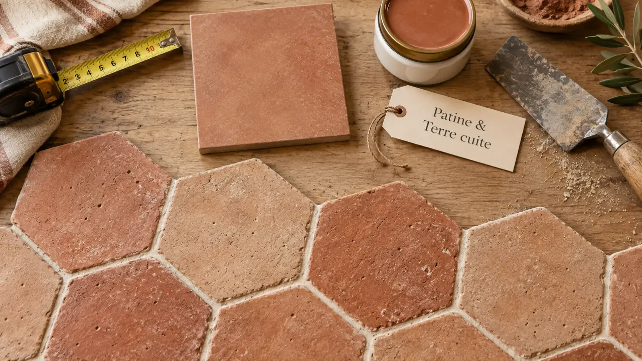 Terre cuite sol : tomette hexagonale artisanale et grès cérame imitation