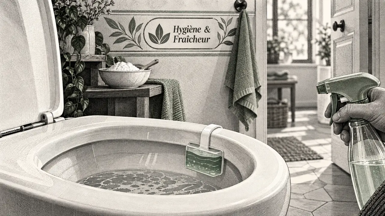 Désodorisant pour toilette : gel accroche-cuvette, spray et bicarbonate pour hygiène et fraîcheur