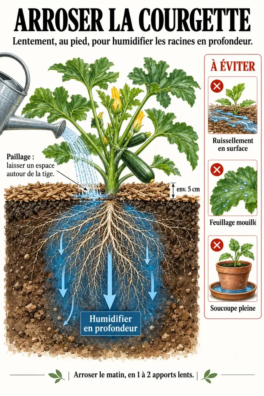 Infographie sur l’arrosage d’une courgette au pied avec paillage et profondeur d’humidification
