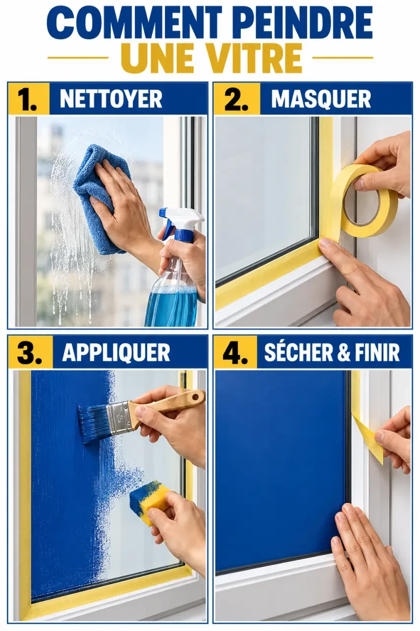 Étapes pour peindre une vitre : nettoyage, masquage, application de la peinture et séchage