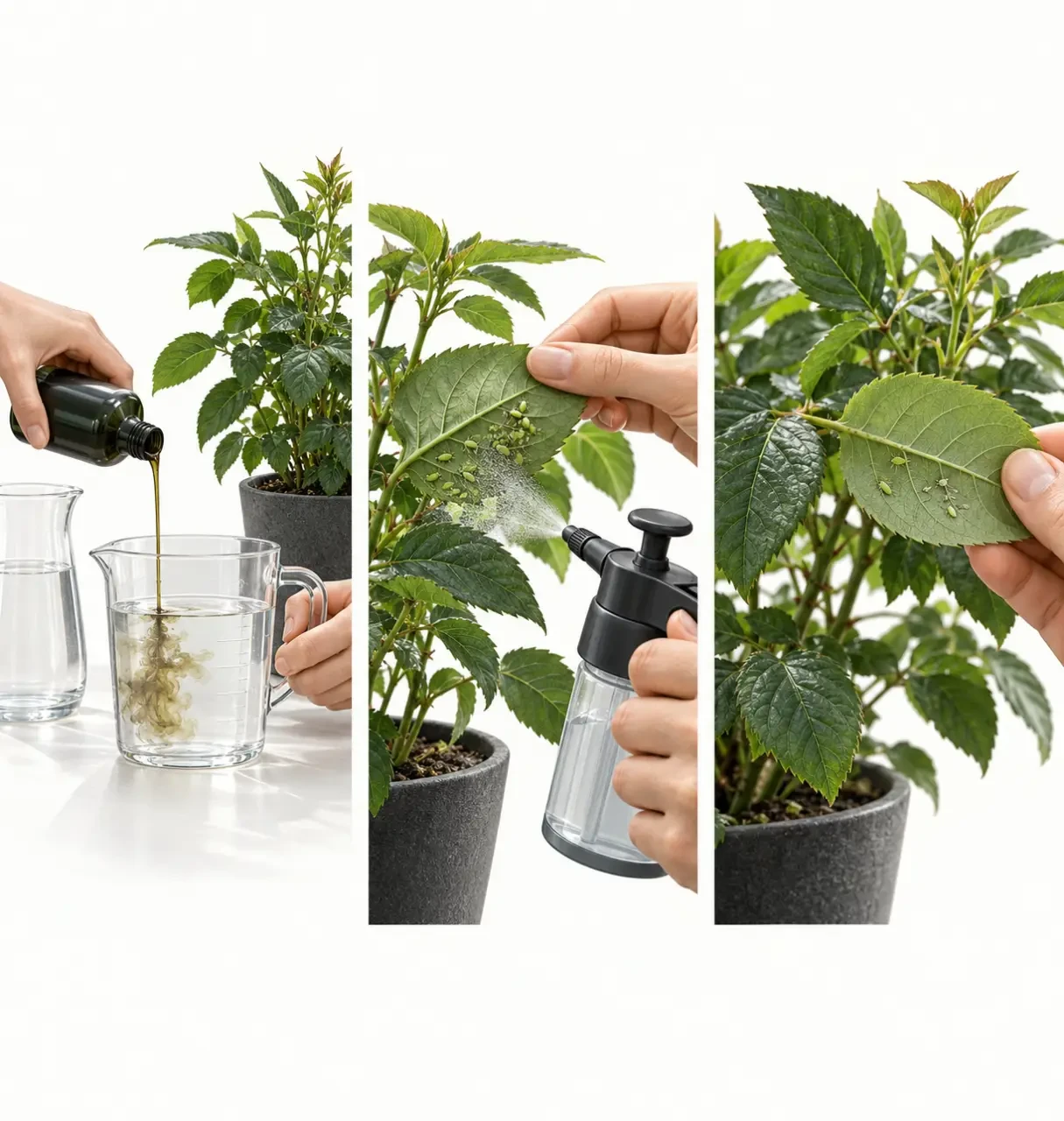 Application ciblée d’un anti puceron maison au savon noir sous les feuilles