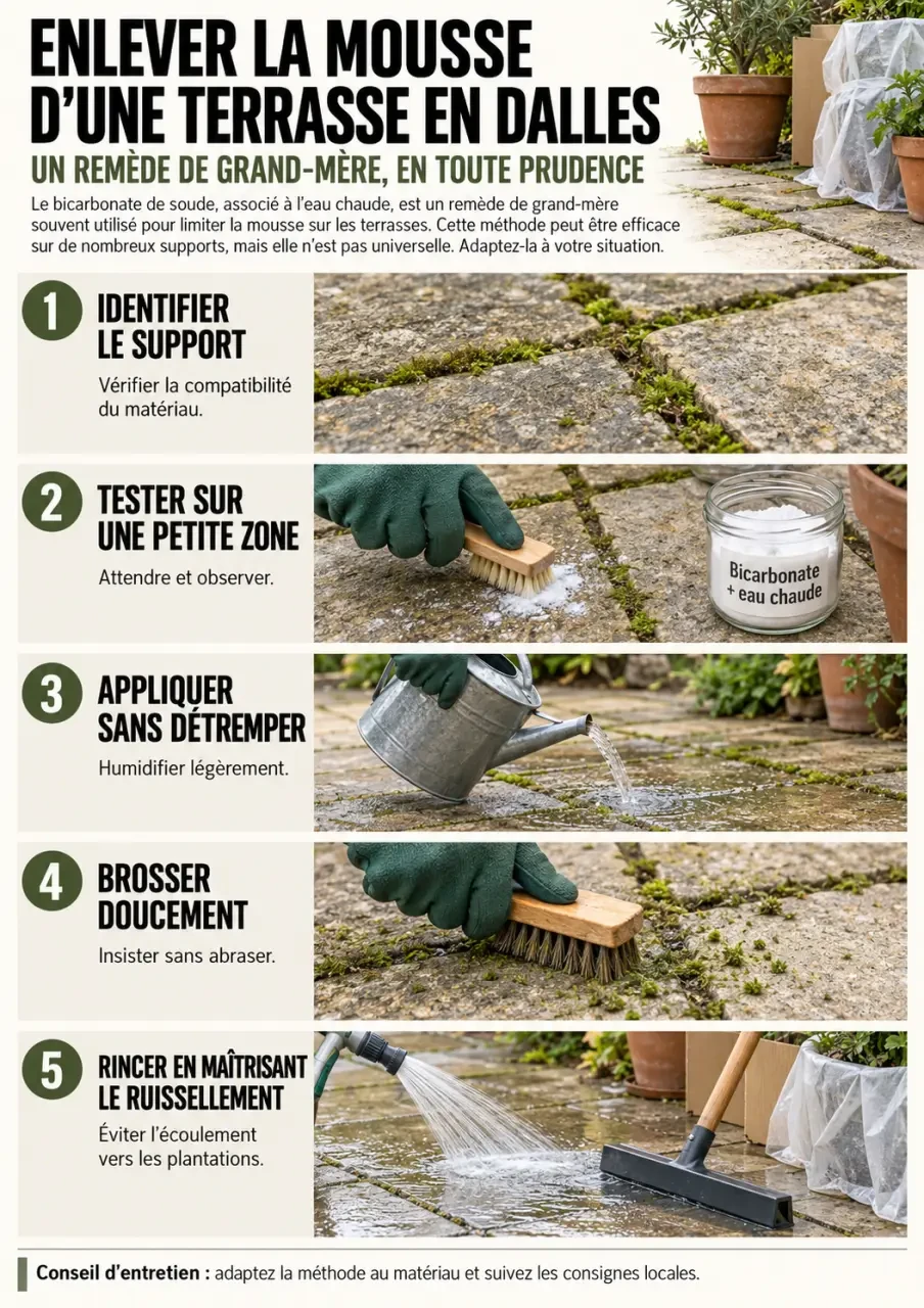 Remède de grand-mère pour enlever la mousse : étapes de test, application, brossage et rinçage sur une terrasse
