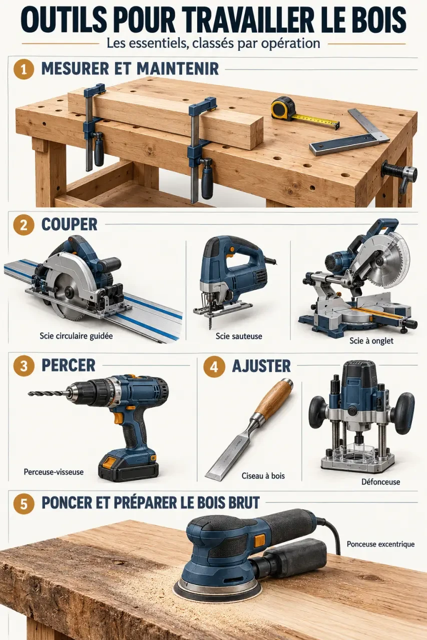 Infographie des outils travail du bois classés par opération et usage