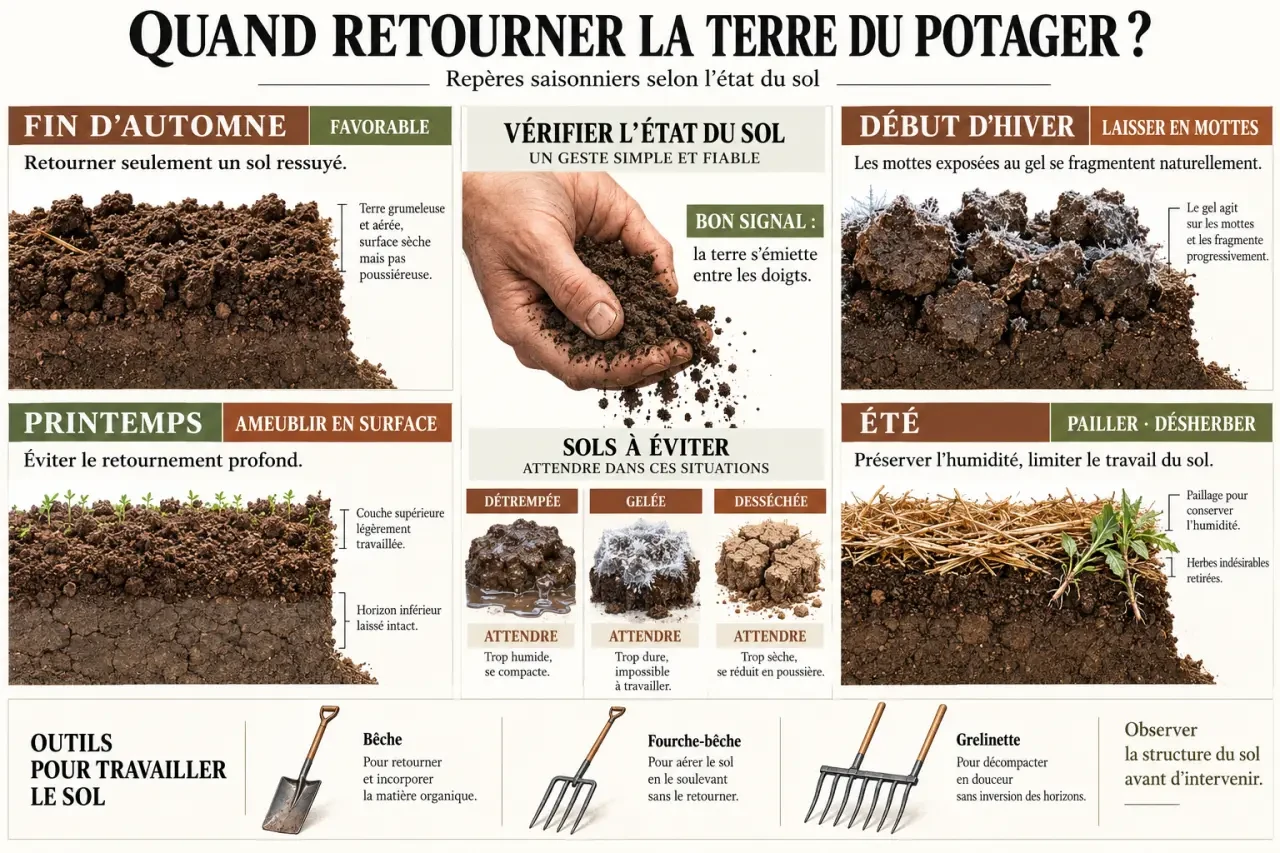 Quand retourner la terre du potager selon la saison et l’état du sol