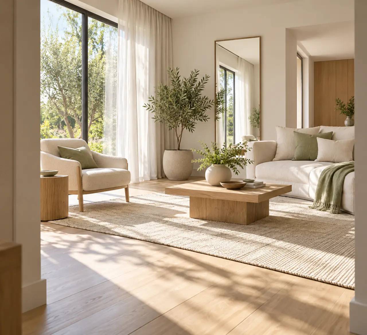 Aménagement intérieur avant le printemps avec lumière naturelle, textiles légers et plante