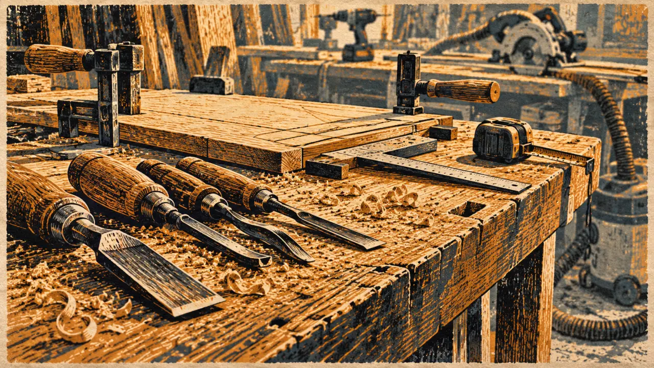 Outils travail du bois sur établi en atelier