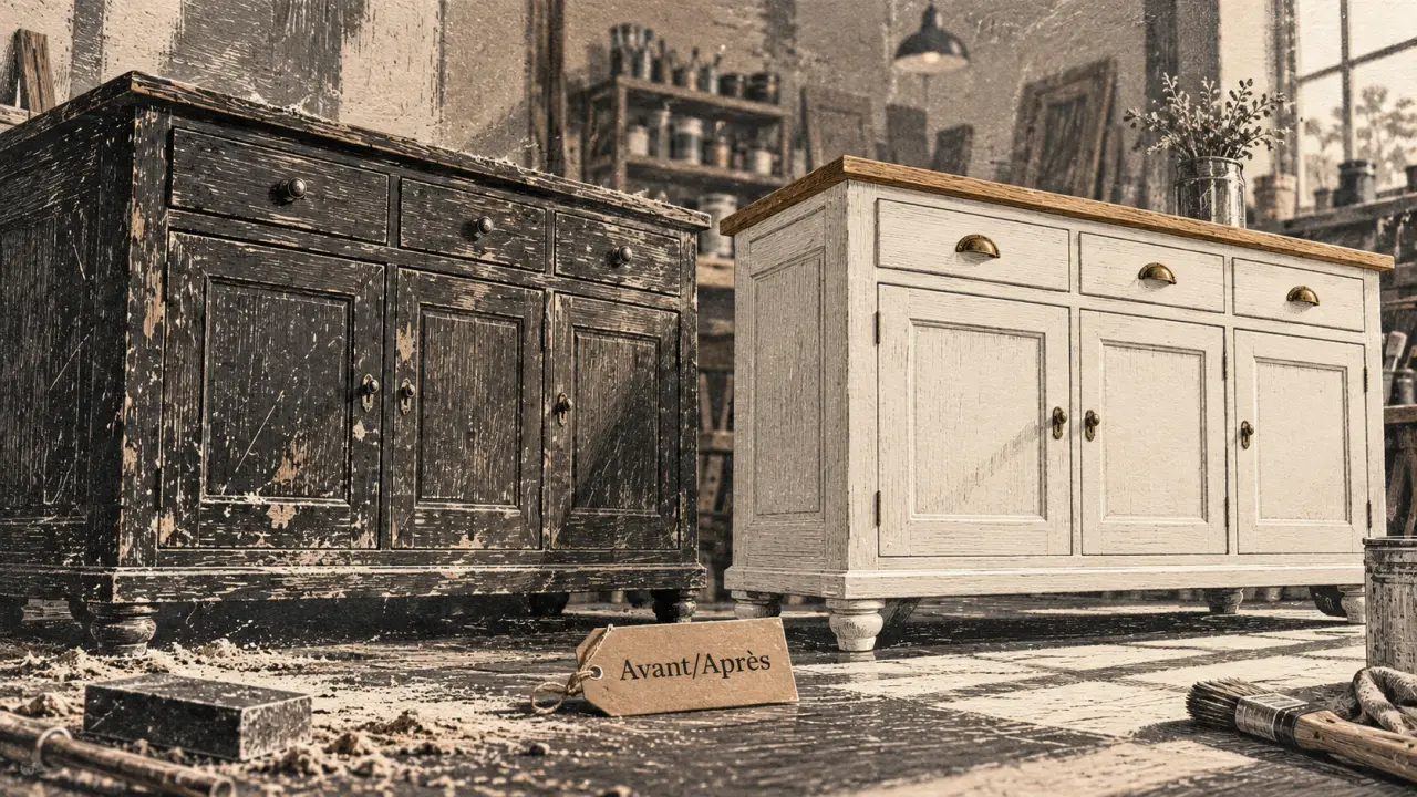 Relooking meuble avant après : buffet repeint blanc cassé et plateau bois visible