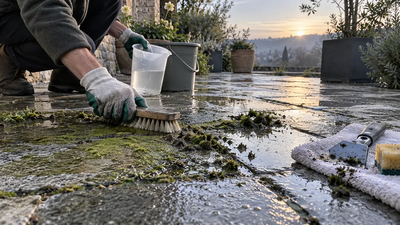 Remede de grand-mère pour enlever la mousse sur dalles grises, brosse et rinçage